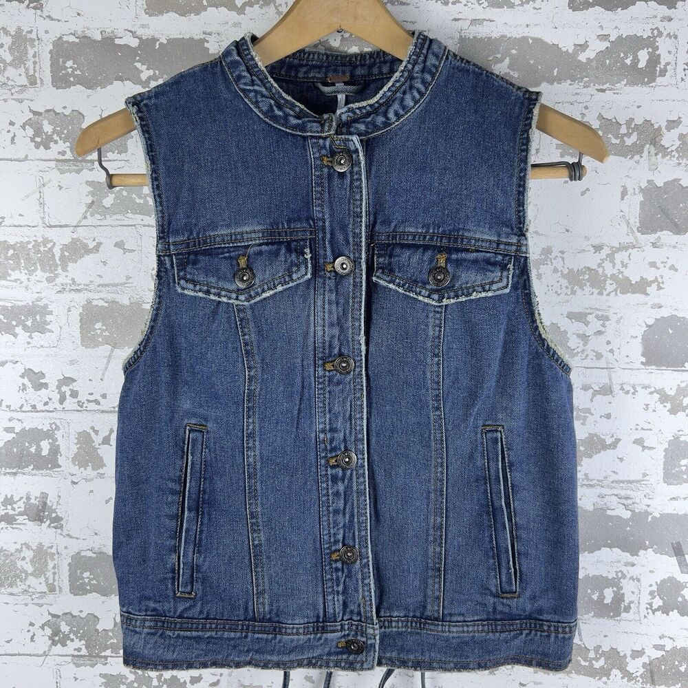 FREE PEOPLE Jean Vest Denim Lace Up Back Collarless Distressed 90s Y2K Women's S